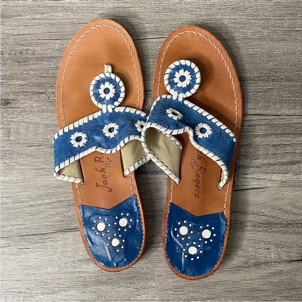 Jack Rogers Leather Blue and White Flat Thong Sandals Size 9